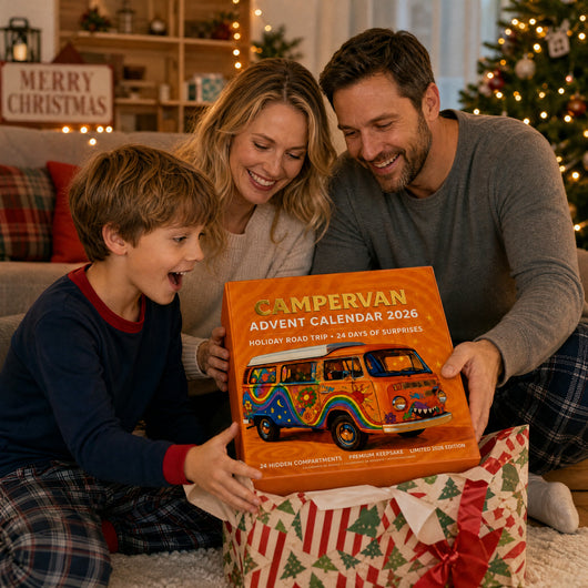 Familjen öppnar Campervan Adventskalender vid granen