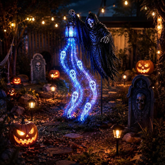 Liemannen bland pumpor i trädgården en Halloweenkväll