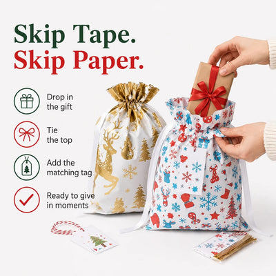Presenten läggs i påsen och etiketten fästs, tre enkla moment utan tejp