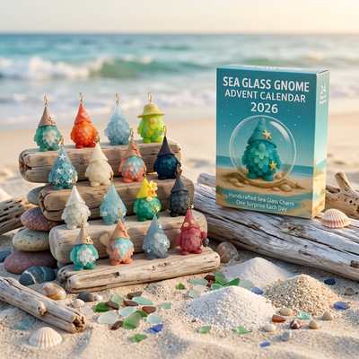 Sjöglastomtarna Adventskalender 2026 med alla 24 tomtar på strand