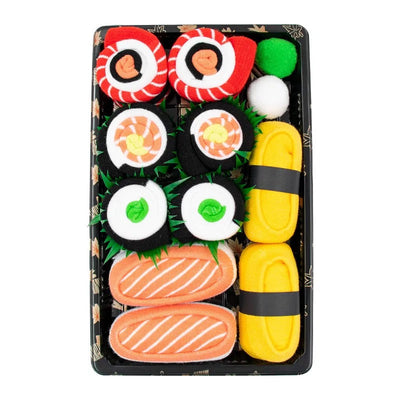 Sushiboksen med laks, tamago og maki i sokkeform