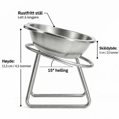 Mål: 11,5 cm høyde, 15° helling, 15 cm bred skål, 5 cm dyp, rustfritt stål